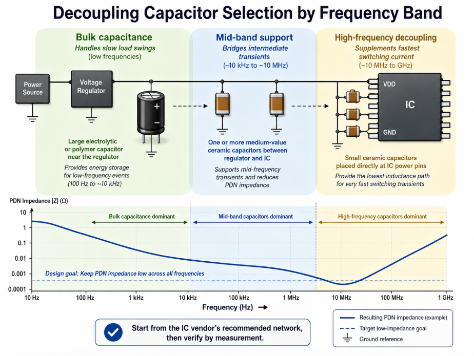 Decoupling capacitor selection chart showing bulk, mid-band, and high-frequency capacitors covering different frequency ranges of a power distribution network..png Decoupling capacitor selection chart showing bulk, mid-band, and high-frequency capacitors covering different frequency ranges of a power distribution network..png