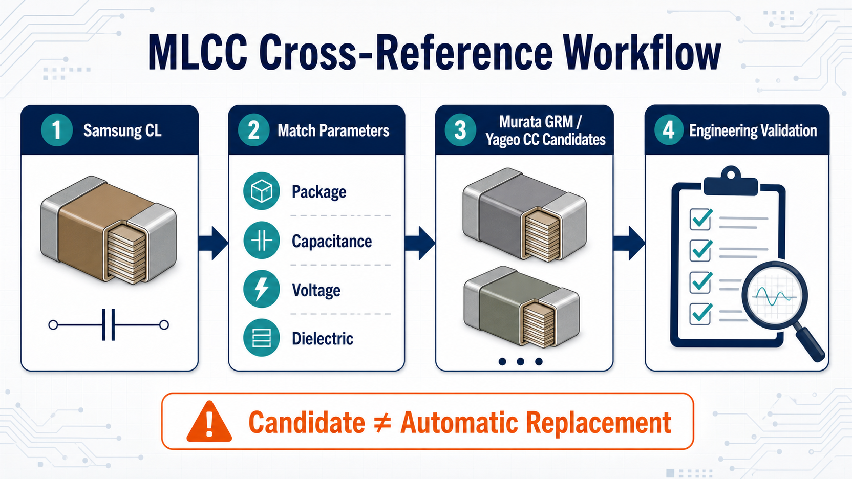 MLCC cross-reference workflow from Samsung CL through parameter matching to Murata GRM and Yageo CC candidates followed by engineering validation
