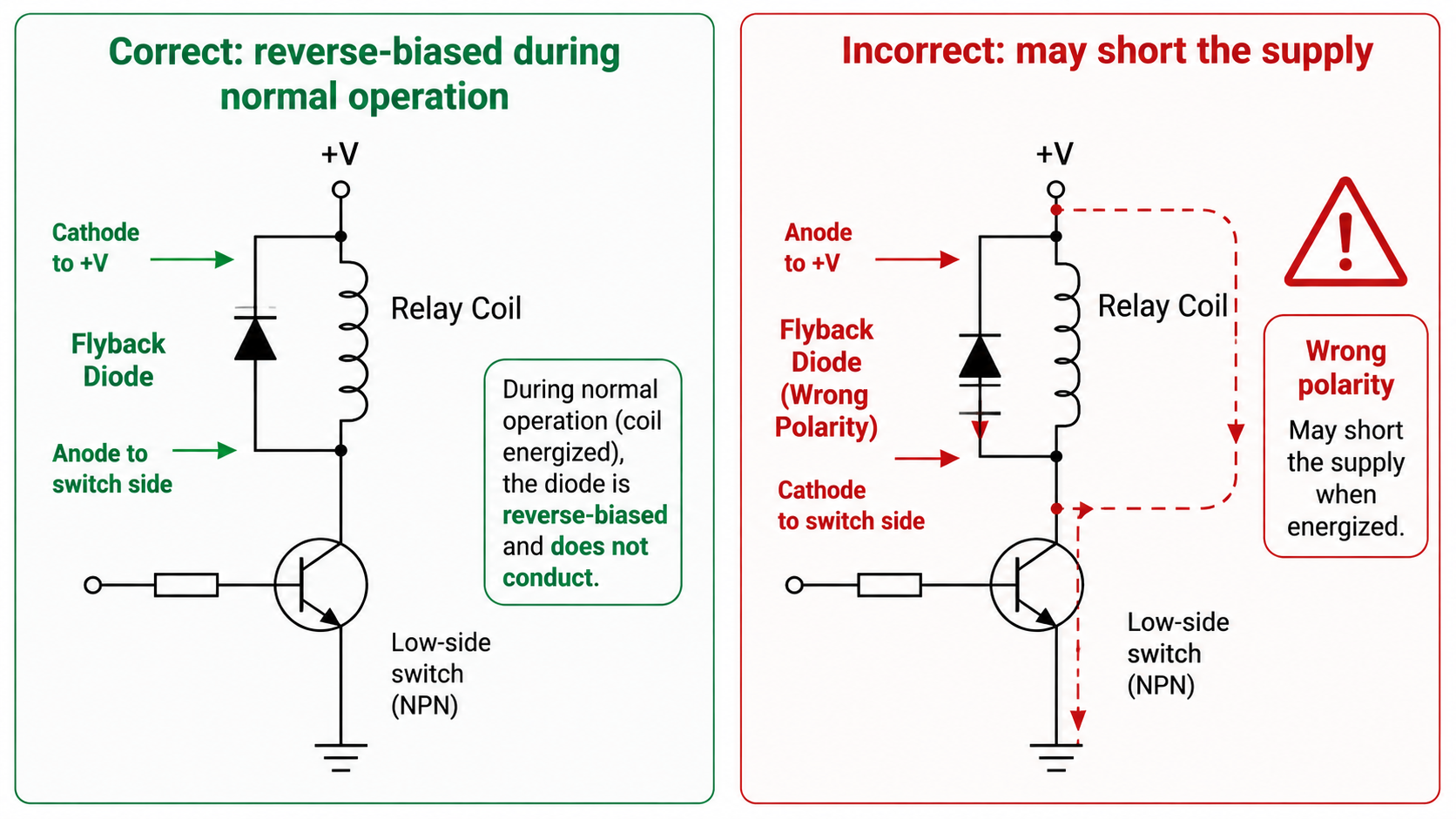 Relay coil current decay comparison between plain flyback diode and higher voltage clamp.png