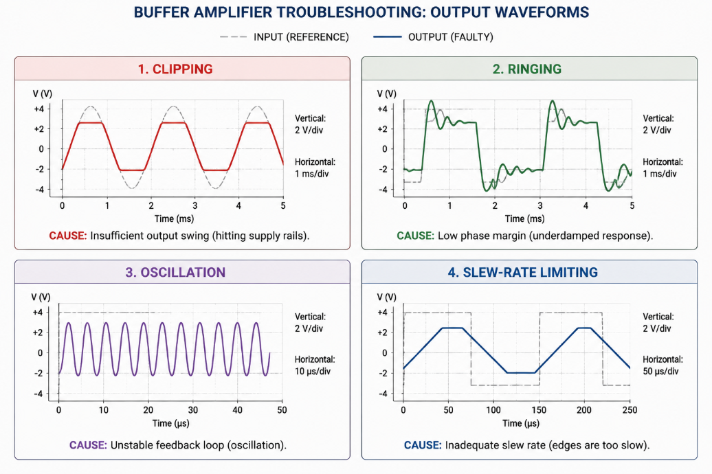 Buffer amplifier output waveforms showing clipping, ringing, oscillation and slew-rate distortion.png