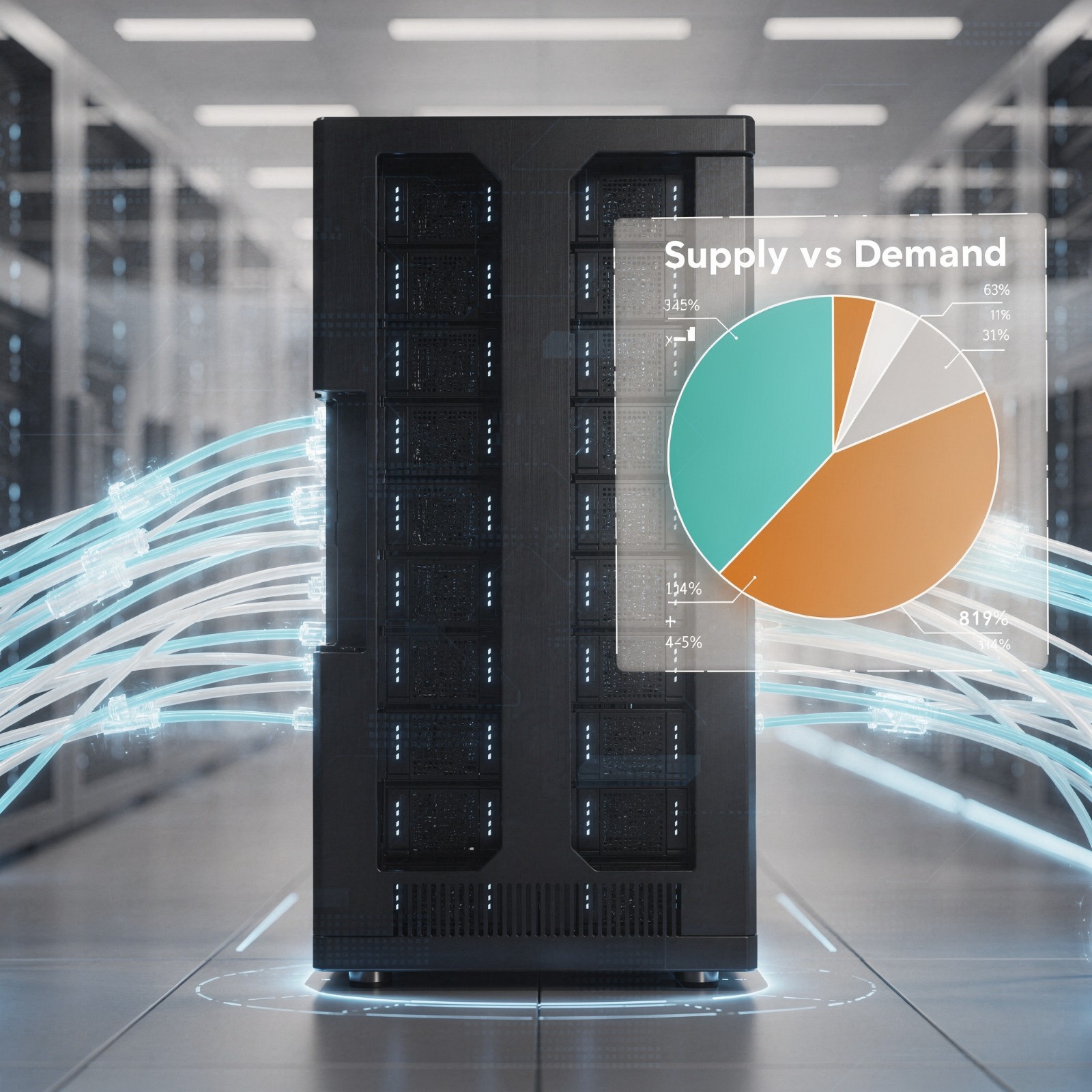 A modern AI data center server rack with glowing optical cables and a superimposed pie chart showing supply versus demand imbalance for memory chips..jpeg