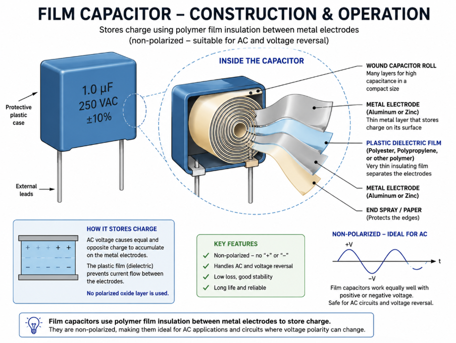 Film capacitor internal structure showing metal electrodes, plastic dielectric film, wound layers, and non-polarized AC operation..png Film capacitor internal structure showing metal electrodes, plastic dielectric film, wound layers, and non-polarized AC operation..png