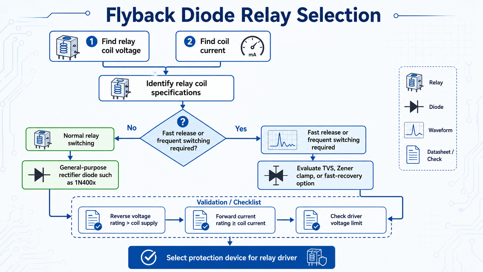 Flowchart for selecting a flyback diode based on relay coil voltage, coil current, switching frequency, and release time.png