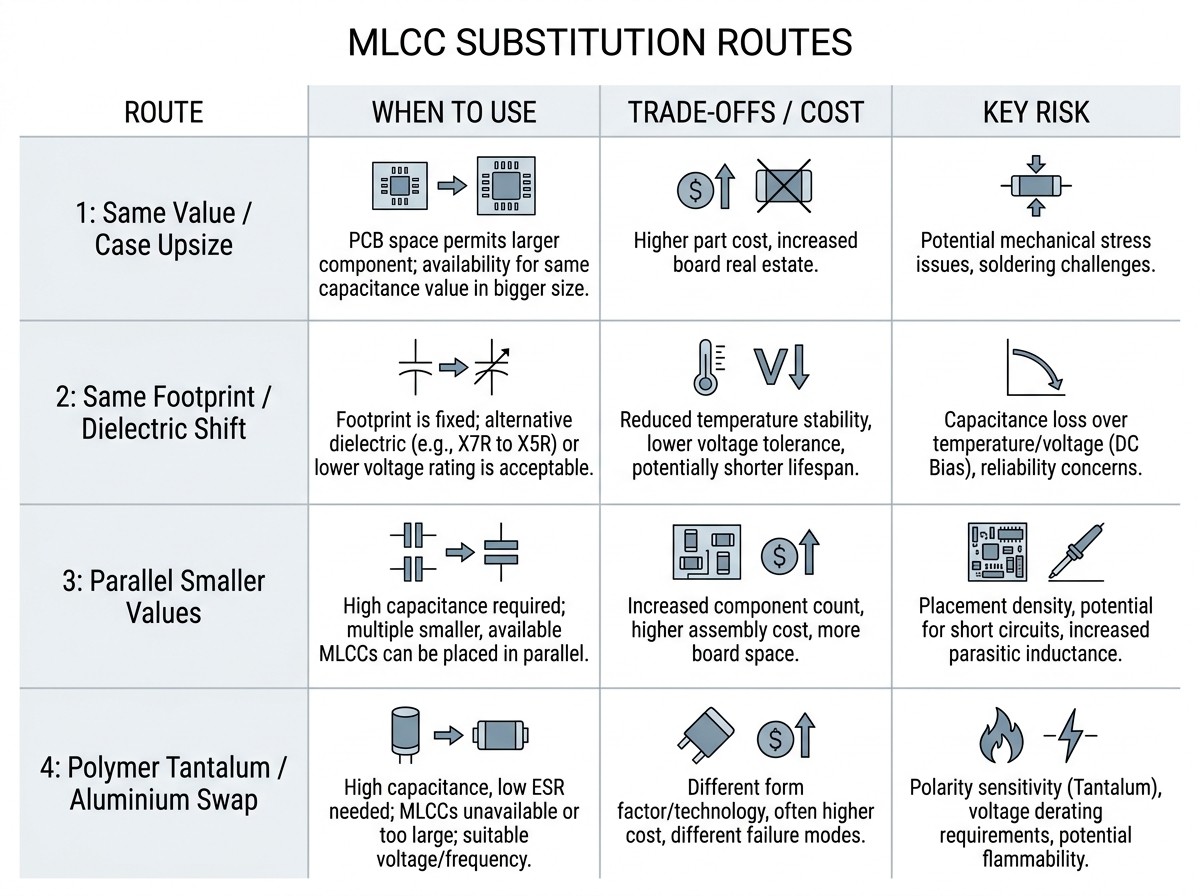 Comparison matrix of four MLCC substitution routes showing trade-offs in board area, effective capacitance and requalification effort