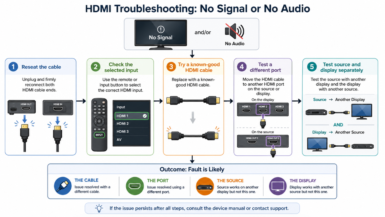 When HDMI video or audio drops out, change one variable at a time to identify whether the cable, port, source, or display is responsible..png When HDMI video or audio drops out, change one variable at a time to identify whether the cable, port, source, or display is responsible..png
