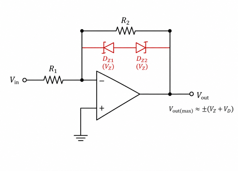 Schematic of an op-amp limiter with back-to-back Zener diodes in the feedback loop and output clamped to plus or minus <a href='https://www.utmel.com/blog/categories/diodes/working-principle-and-characteristics-of-zener-diodes'><strong>Zener voltage</strong></a> plus diode drop.png Schematic of an op-amp limiter with back-to-back Zener diodes in the feedback loop and output clamped to plus or minus Zener voltage plus diode drop.png