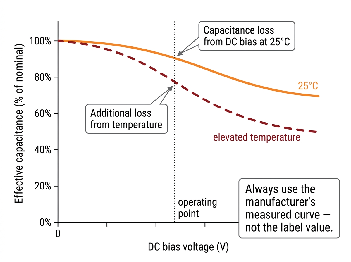 Conceptual chart showing effective capacitance of a Class 2 MLCC falling as DC bias voltage increases, with separate curves for room temperature and eleva.jpg Conceptual chart showing effective capacitance of a Class 2 MLCC falling as DC bias voltage increases, with separate curves for room temperature and eleva.jpg