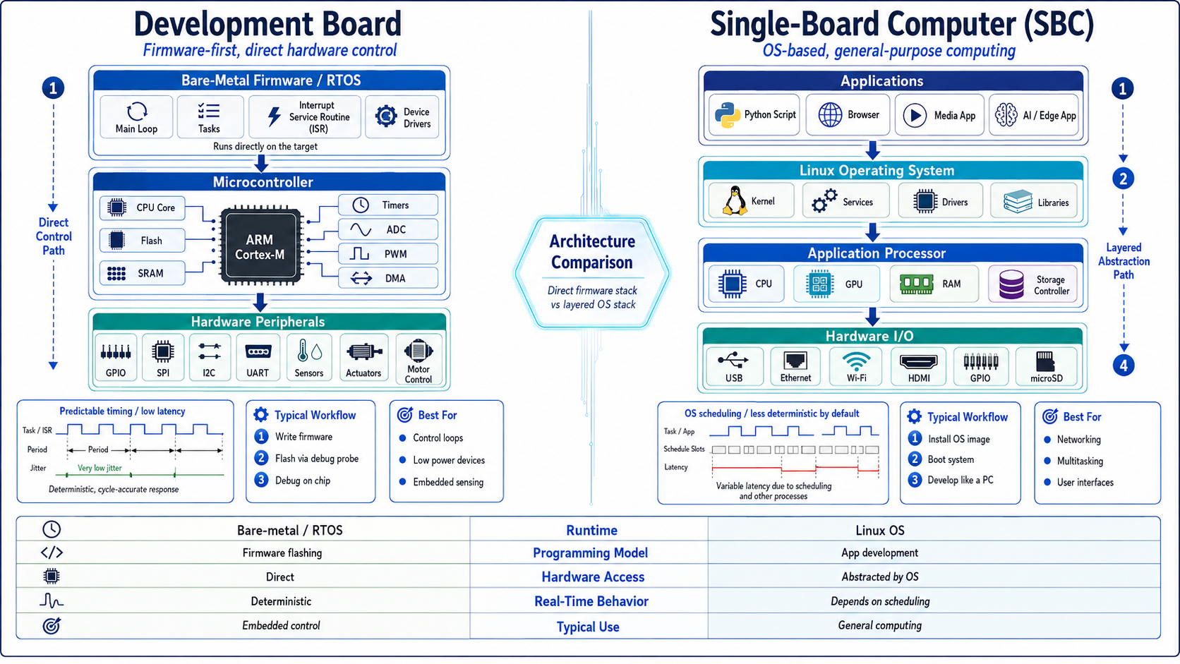 Layered architecture diagram showing software stack differences between microcontroller development boards and Linux-based single-board computers..png Layered architecture diagram showing software stack differences between microcontroller development boards and Linux-based single-board computers..png