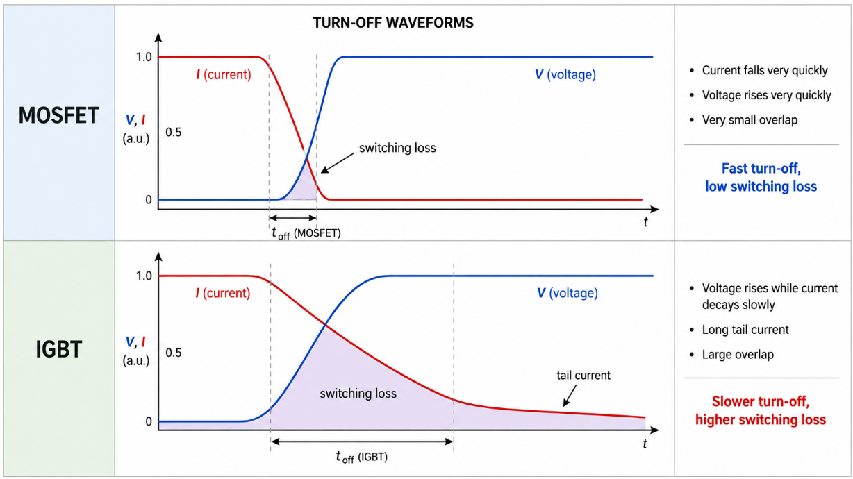 Waveform comparison showing fast MOSFET turn-off and slower IGBT turn-off with tail current and switching loss overlap..png