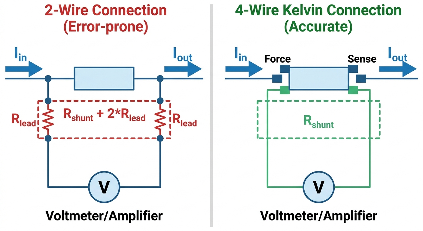 Comparison diagram showing the difference between a standard 2-wire connection and a 4-wire Kelvin connection for current sensing.jpg Comparison diagram showing the difference between a standard 2-wire connection and a 4-wire Kelvin connection for current sensing.jpg