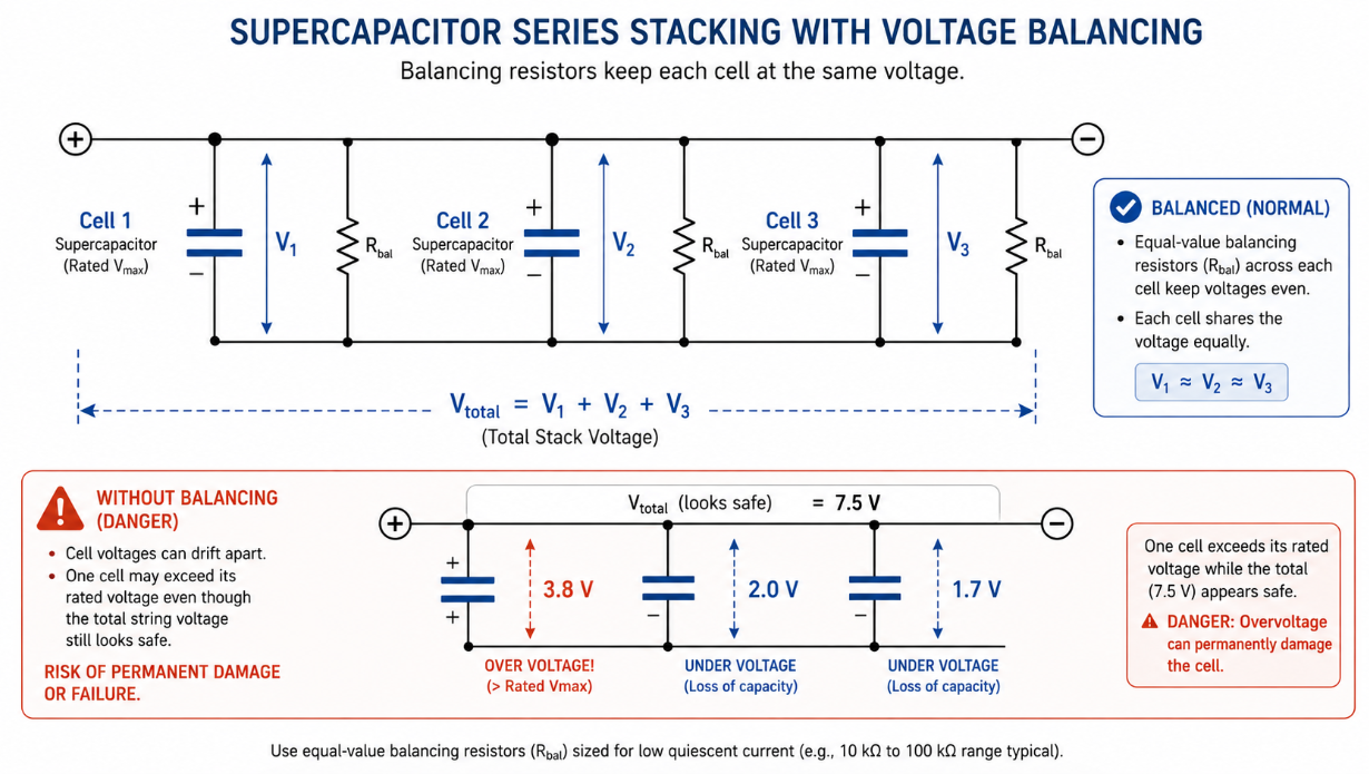 Series-connected supercapacitor cells with balancing resistors preventing cell overvoltage..png