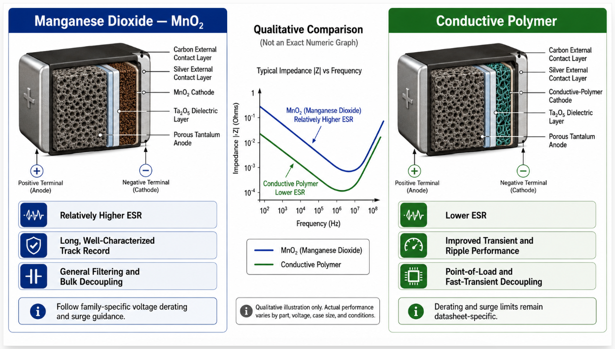Side-by-side comparison of manganese dioxide and conductive-polymer tantalum capacitors, illustrating differences in cathode material, relative ESR, transient response, and typical applications..png