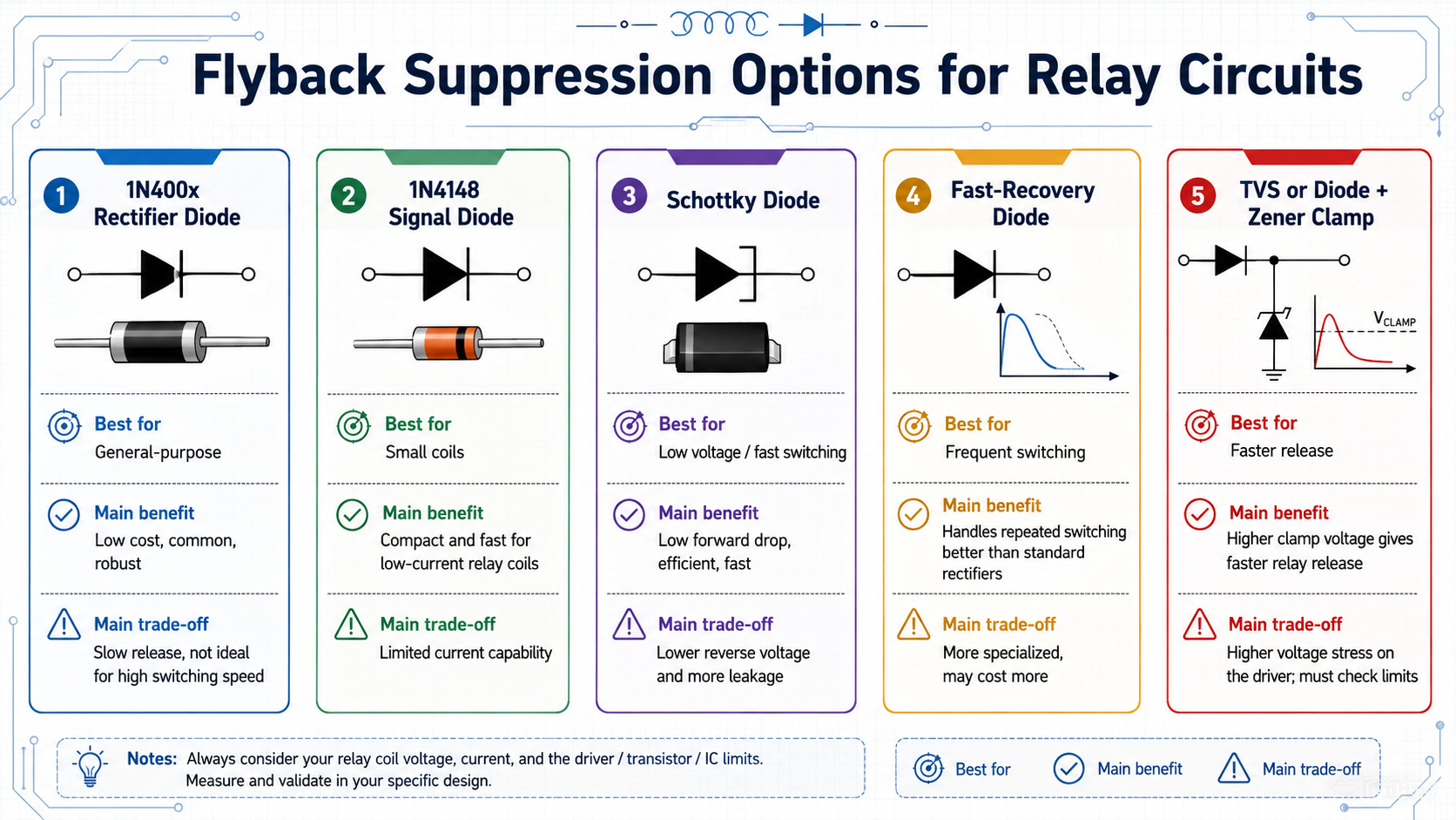 Comparison of 1N400x rectifier diode, 1N4148 signal diode, Schottky diode, fast recovery diode, and TVS clamp for relay flyback protection