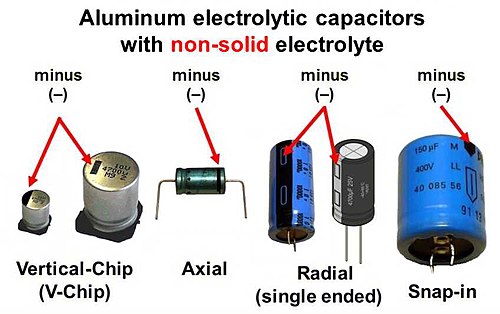 Figure 3: Polarity markings for electrolytic capacitors, tantalum capacitors, and chip capacitors. Source: Wikipedia