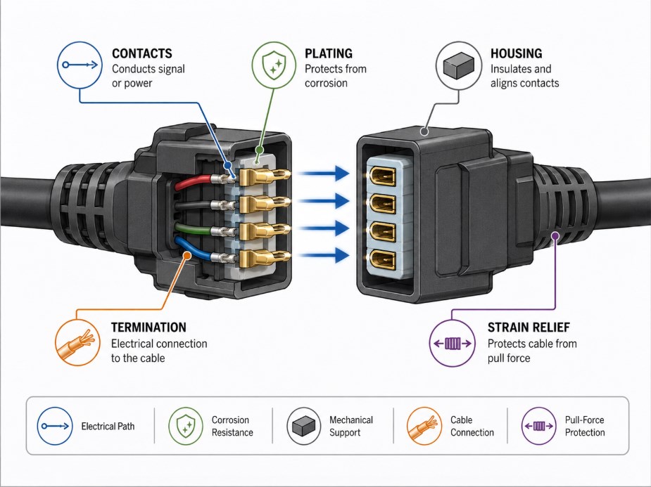 Exploded diagram of an electrical connector showing contacts, housing, plating, termination and strain relief..jpg Exploded diagram of an electrical connector showing contacts, housing, plating, termination and strain relief..jpg