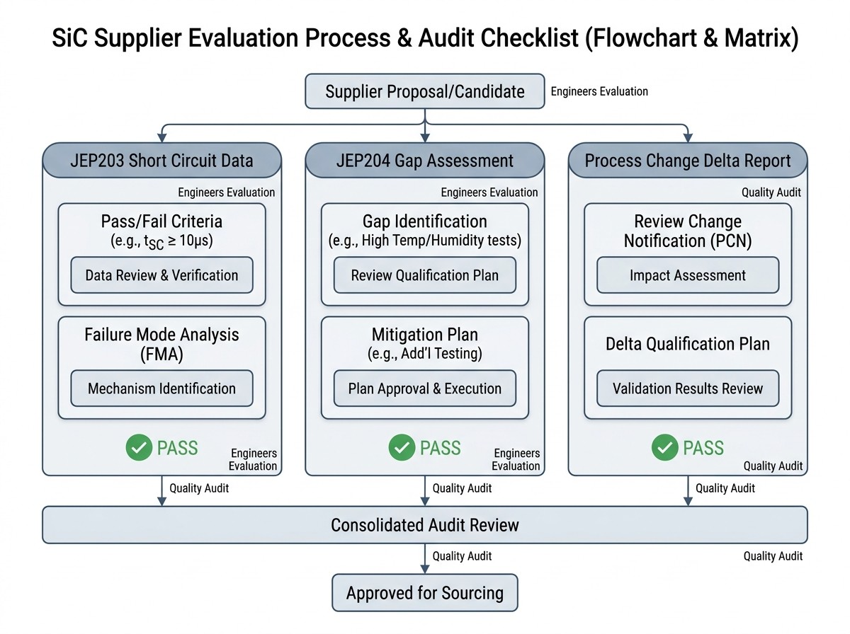 Supplier qualification evaluation checklist for sourcing and quality engineers assessing SiC MOSFET short-circuit and reliability documentation