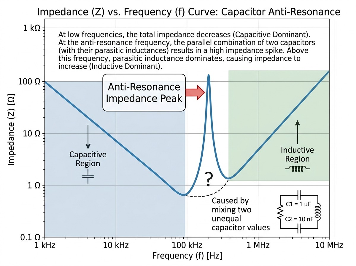 Impedance versus frequency plot showing an anti-resonance peak where a large and a small capacitor in parallel cross over between capacitive and inductive behaviour