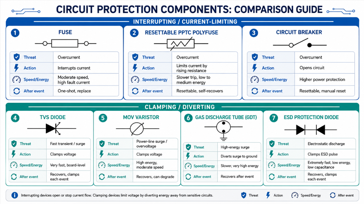 Comparison chart of circuit protection components including fuse, PPTC, circuit breaker, TVS diode, MOV, GDT, and ESD diode..png Comparison chart of circuit protection components including fuse, PPTC, circuit breaker, TVS diode, MOV, GDT, and ESD diode..png