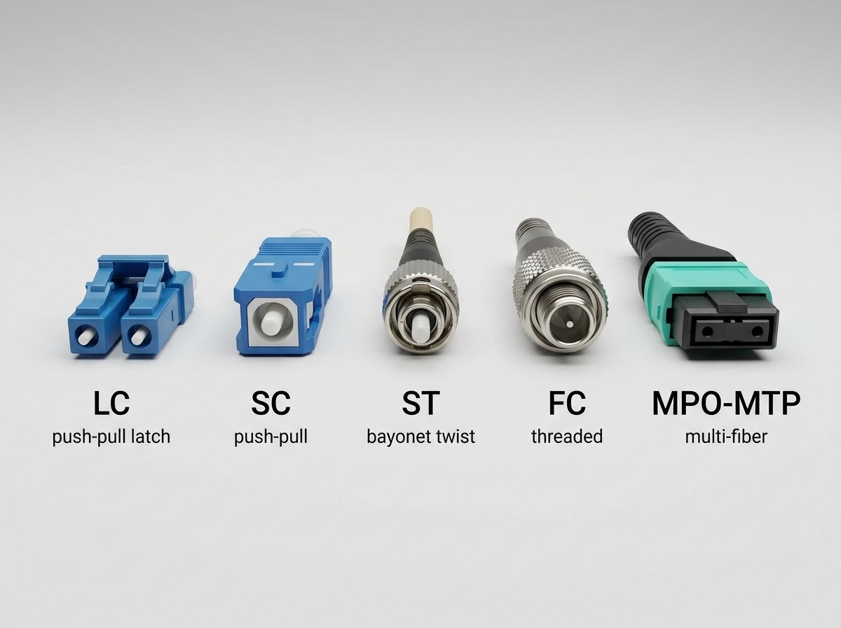 Side-by-side comparison of LC, SC, ST, FC and MPO fiber optic connectors at true relative scale, labeled with connector name and latch type.jpg Side-by-side comparison of LC, SC, ST, FC and MPO fiber optic connectors at true relative scale, labeled with connector name and latch type.jpg