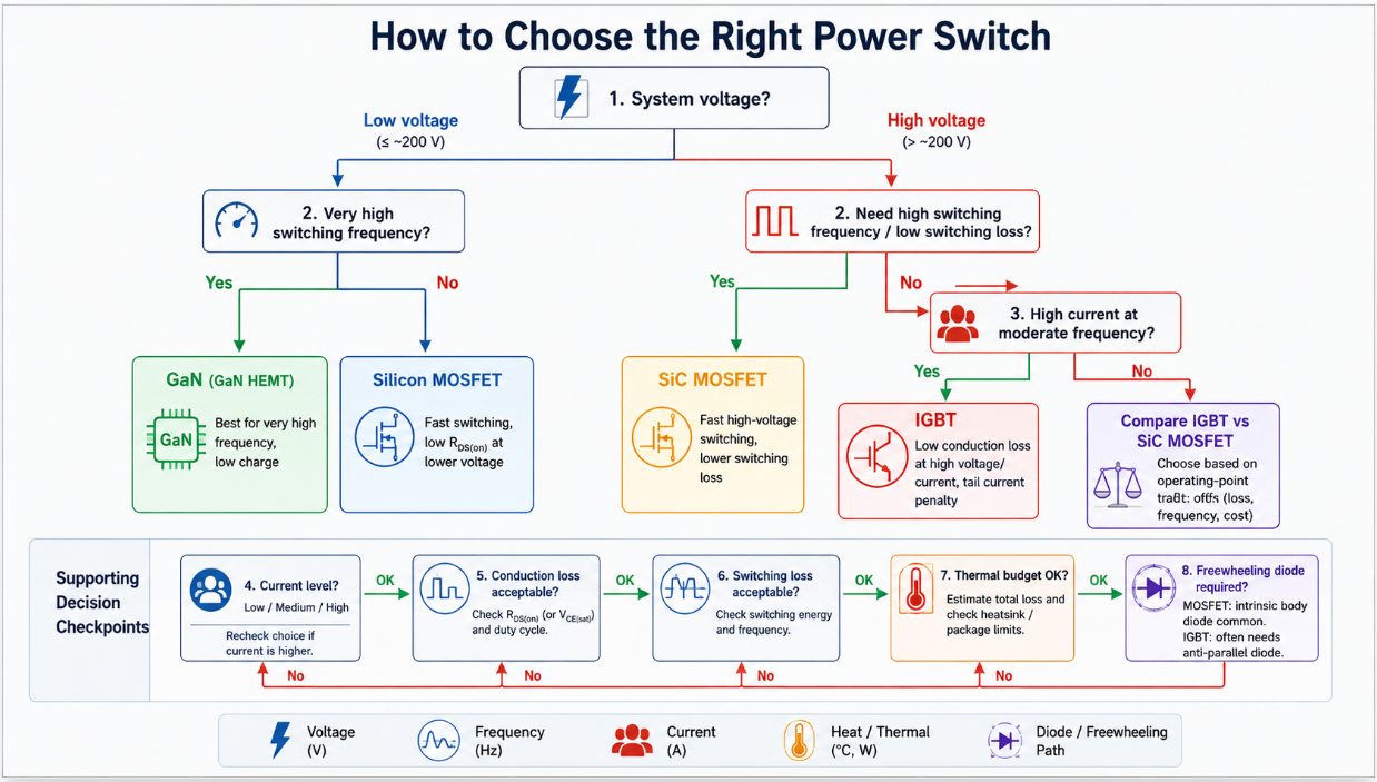 Decision flowchart for choosing between a MOSFET, IGBT, or wide-bandgap device based on voltage, current, switching frequency, and thermal budget..png