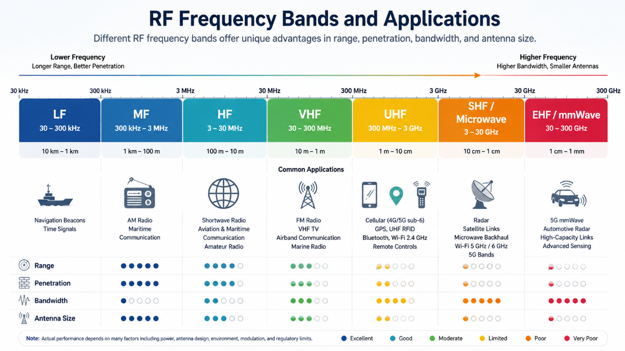 RF frequency spectrum infographic showing LF, MF, HF, VHF, UHF, SHF, and EHF bands with common applications..png RF frequency spectrum infographic showing LF, MF, HF, VHF, UHF, SHF, and EHF bands with common applications..png